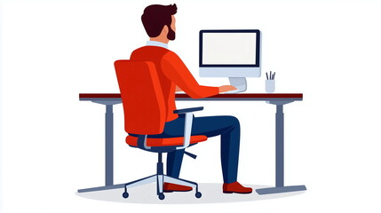 Fototapeta premium Proper Desk Setup - An office worker sitting with correct posture at a desk, with a monitor at eye level, ergonomic chair, and keyboard and mouse at the right height