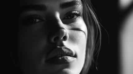 Fototapeta premium High-contrast black-and-white portrait of a woman with harsh lighting accentuating the contours of her face. Sharp shadows highlight her skin texture and strong features