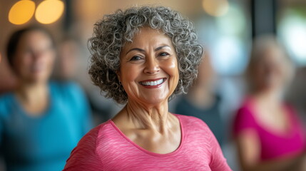 Dance Fitness Class - A group of seniors participating in a low-impact dance workout, smiling and having fun