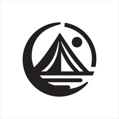 Fototapeta premium Mountain camping logo with tent and moon silhouette vector illustration