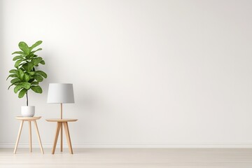 Minimal interior with plant and lamp on tables.