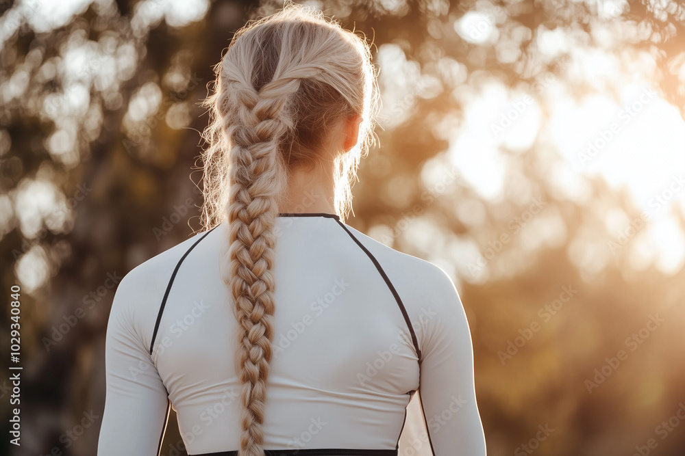 Poster blonde braided horse girl in a white sport long sleeve top and black leggings