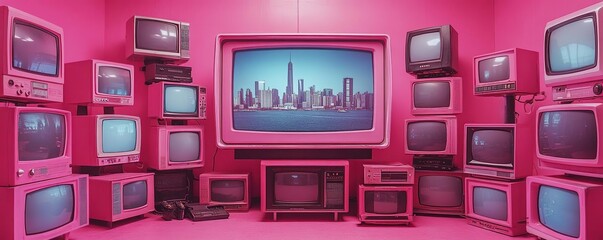 A vibrant room filled with retro televisions showcasing a city skyline on a striking pink backdrop, evoking nostalgia and fun.