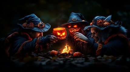 Halloween Witches' Brew: Three mysterious witches huddle around a campfire, sharing a glowing jack-o'-lantern, creating an eerie yet captivating Halloween scene. 