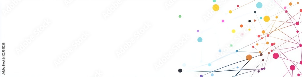 Poster a simple white background with colorful dots connected by thin lines, forming an abstract network pa