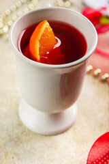 Christmas Mulled wine party drink Christmas treat fresh gourmet food background on the table rustic copy space top view