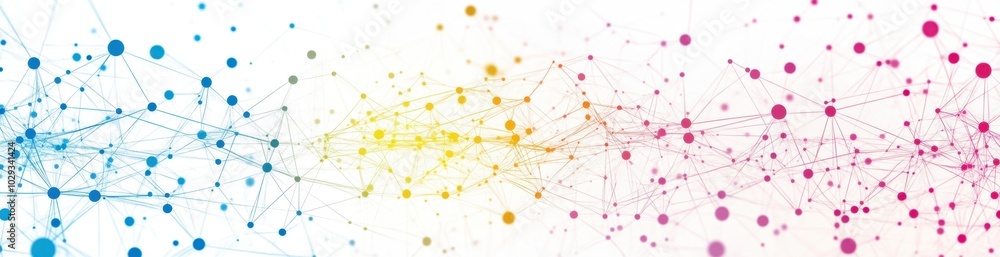 Poster a white background with colorful dots connected by lines, representing a global network and connecti