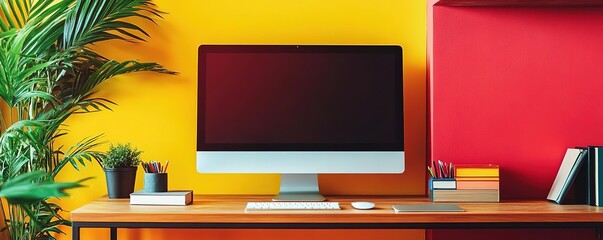 A vibrant home office setup featuring a sleek monitor, wooden desk, and colorful walls adorned with greenery and decor.