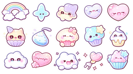 Adorable pastel Kawaii elements: animals, food, and cheerful designs.