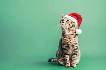 Tabby cat on green background in Santa Claus hat