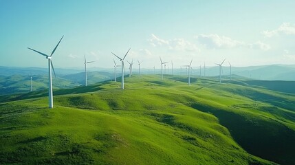 Expansive wind farm with multiple turbines turning in a green landscape, demonstrating the power of wind energy