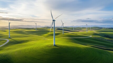 Expansive wind farm with multiple turbines turning in a green landscape, demonstrating the power of wind energy