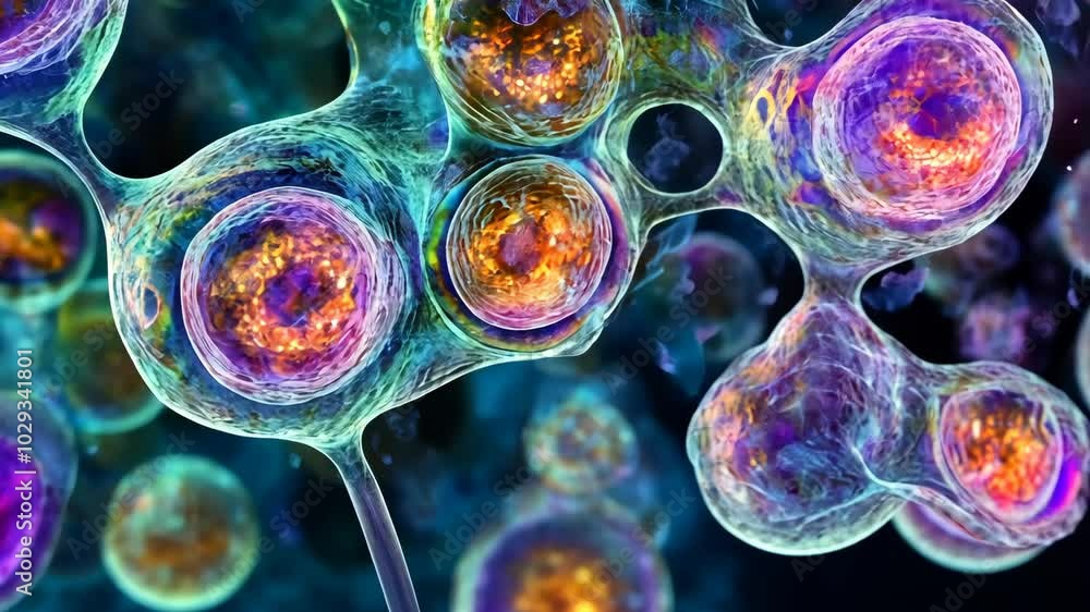 Poster a close-up view of cells dividing and multiplying, showing the intricate details of this fundamental