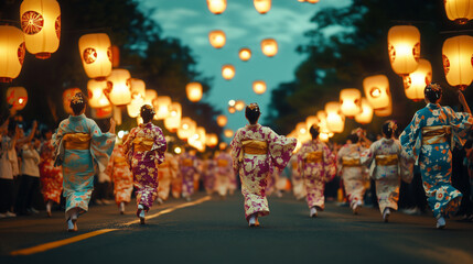 Awa Odori with a line of dancers wearing brightly colored yukata, dynamic and synchronized dance movements, crowds of people on the side of the road watching, Ai generated images