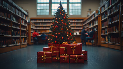 Christmas tree adorned with lights and presents in a cozy library setting.