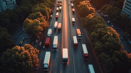 Fleet of delivery trucks on the road, showcasing the scale and efficiency of the logistics transportation network