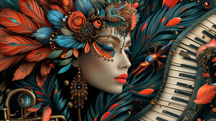 A luxurious flyer filled with intricate beadwork, feathered headbands, and art deco shapes. 