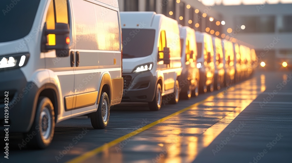 Poster fleet of delivery vans lined up for dispatch at a logistics hub, representing the transportation net