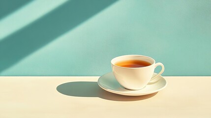 Obraz premium A serene cup of tea sits elegantly on a light table, with soft shadows creating a calming atmosphere against a blue background.