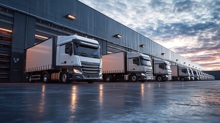 Fleet of logistics trucks parked at a distribution center, ready for dispatch to various destinations