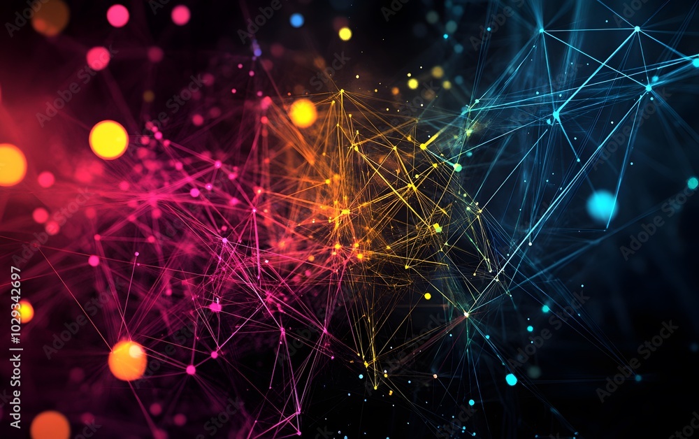 Poster a vibrant composition of interconnected lines and glowing dots, illustrating a dynamic network of co