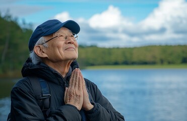 Elderly Man in Prayer by Lake with Blue Cap