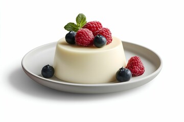 Delicious panna cotta dessert with fresh raspberries and blueberries on a plate