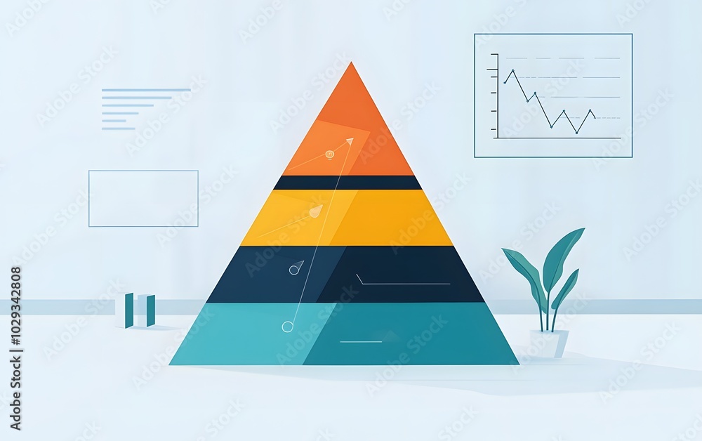 Poster a vibrant pyramid chart illustrating data analysis concepts within a modern office setting, highligh