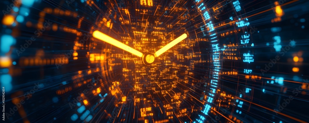 Poster a vibrant representation of time, showcasing a futuristic clock design with glowing elements in oran