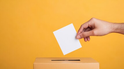 Hand dropping white ballot into cardboard box, vibrant yellow background.