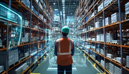 A warehouse worker analyzes inventory data with digital tools in an organized stockroom, enhancing efficiency and productivity.