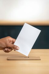Obraz premium Hand holding blank card above ballot box on wooden table.