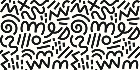 Memphis geometric seamless pattern. Monochrome abstract background in retro 80s, 90s style with various shapes: circles, semicircles, dots, zigzags, spirals, wavy lines. Cute kid doodle design.