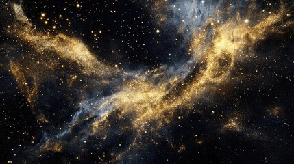 Flow of radiant golden glitter particles in a deep black space backdrop, creating a captivating...