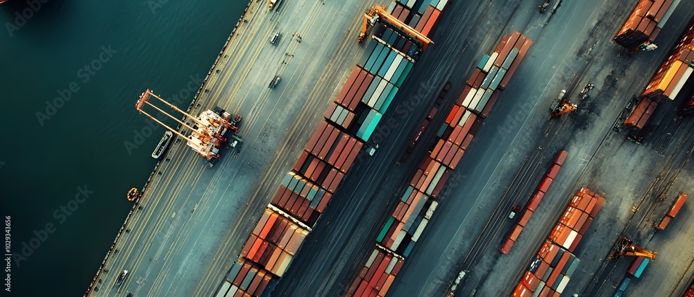 Poster aerial view of a busy shipping port with colorful containers organized neatly along the dock and cra