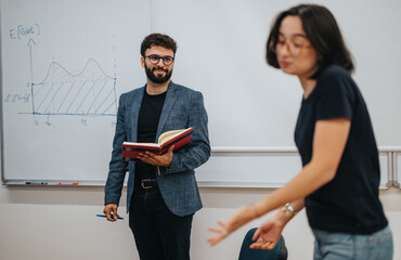 A confident teacher interacts with students in a lively classroom environment, fostering engagement and learning. The setting includes a whiteboard with mathematical graphs, signifying an educational
