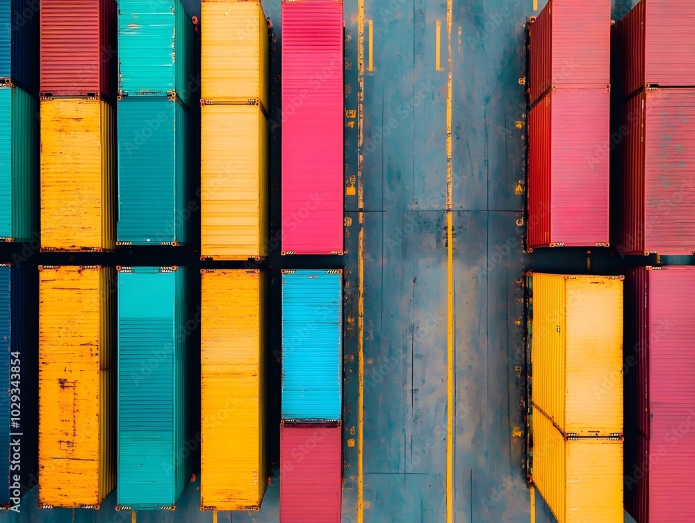 Poster aerial view of colorful shipping containers arranged neatly in a port. vibrant colors create a strik