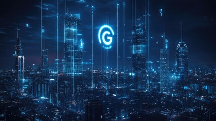 Futuristic cityscape with 6G emblem as a prominent feature