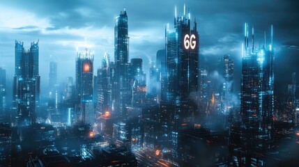 Futuristic cityscape with 6G emblem as a prominent feature