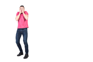 Afraid male covering face in fear. White background