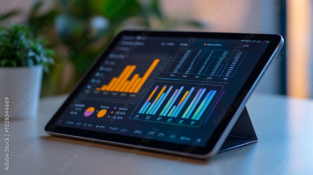 Poster close-up of a tablet displaying vibrant data visualizations on a modern workspace, ideal for tech an