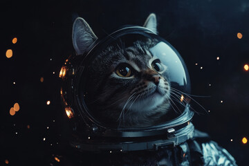 Curious cat astronaut exploring an unknown galaxy in a futuristic space suit