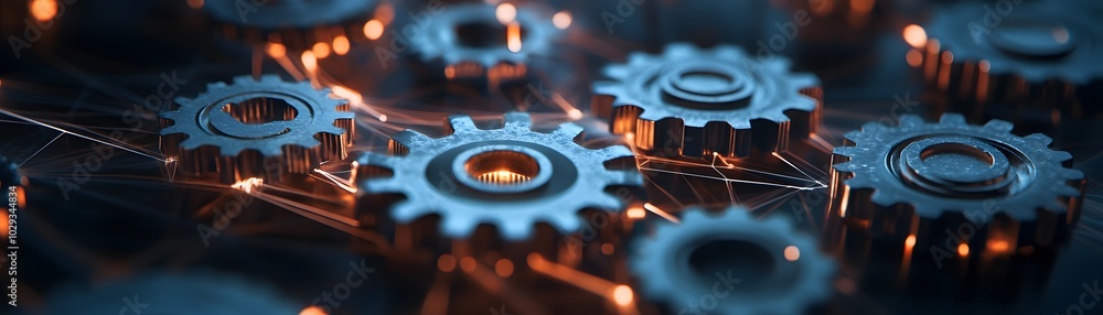 Poster close-up view of intricate metal gears connected with glowing lines, showcasing engineering and mach