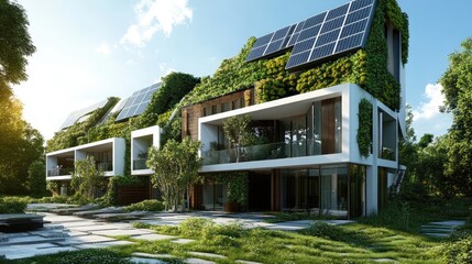 Futuristic residential building with solar panels and green walls, combining new energy technologies with eco-friendly design