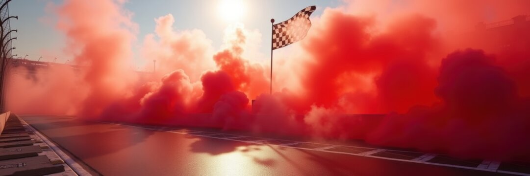 A vibrant scene capturing the excitement of a NASCAR race, featuring a checkered flag amidst colorful smoke, symbolizing victory and speed.