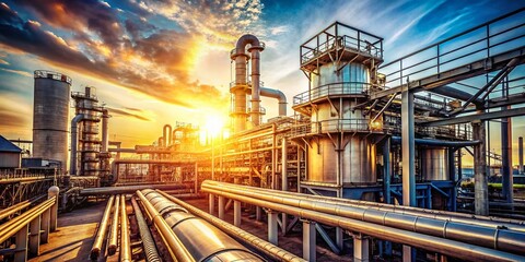 Fototapeta premium Vintage Style Industrial Heat Exchangers at Petrochemical Plant on a Sunny Day