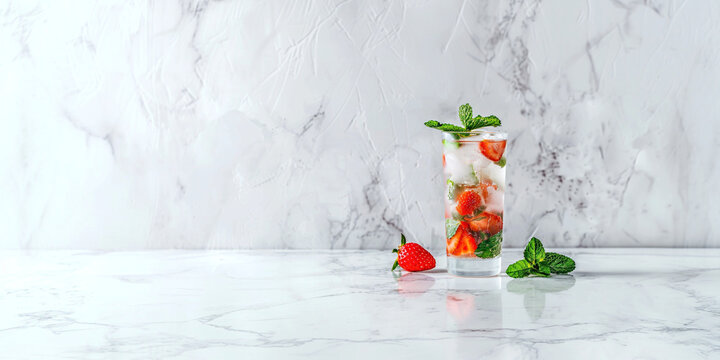 Refreshing glass of strawberry mojito with mint on white background, marble. Banner template of refreshing drink, summer menu in bar, advertisement of cocktail, syrup or rum with place for text