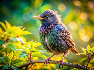 Naklejka premium Fluffy Baby Starling in Long Exposure: Capturing the Beauty of Nature