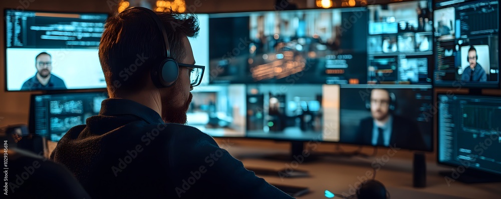 Poster focused professional monitors multiple screens in a high-tech environment, showcasing remote communi