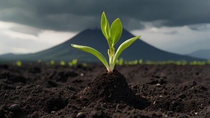 A young green seedling sprout out of a dark fertile soil in a volcano area active in volcanic activity. 